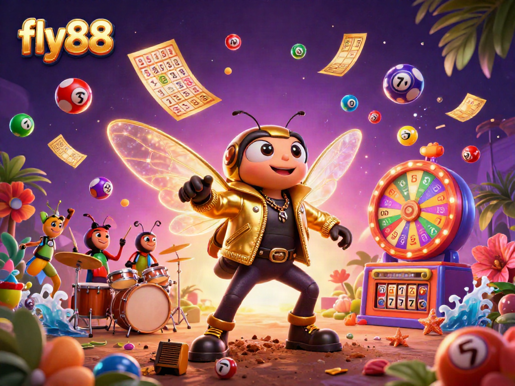 Experience the excitement of fly88 as the cicada rock star and friends celebrate with vibrant lottery elements.