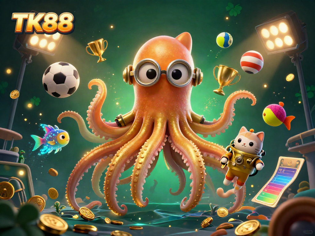 Experience dynamic gambling excitement with TK88's vibrant 3D casino illustration featuring a playful kraken and diving cat.