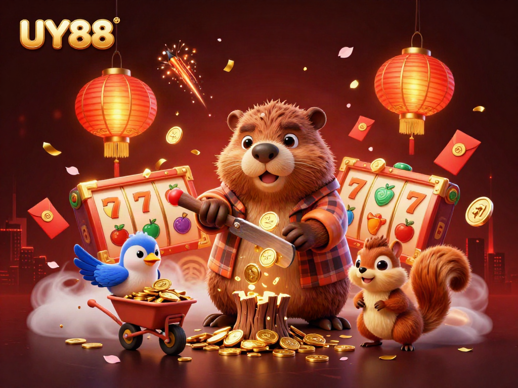 Experience the thrilling world of UY88 with a charming scene of gold raining from a lumberjack beaver.