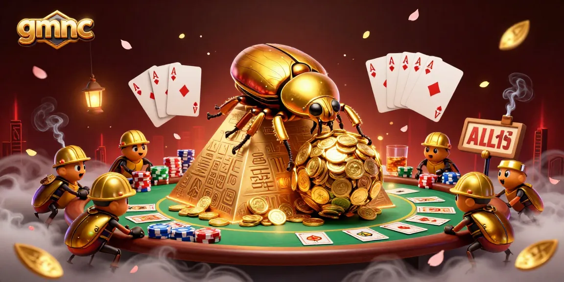 Engage with the exciting world of gmnc as golden beetles roll coins in a vibrant casino environment.