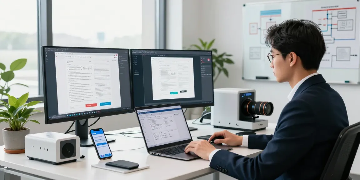 Document fraud detection workspace with professional analyzing AI-generated documents, multi-screen setup.