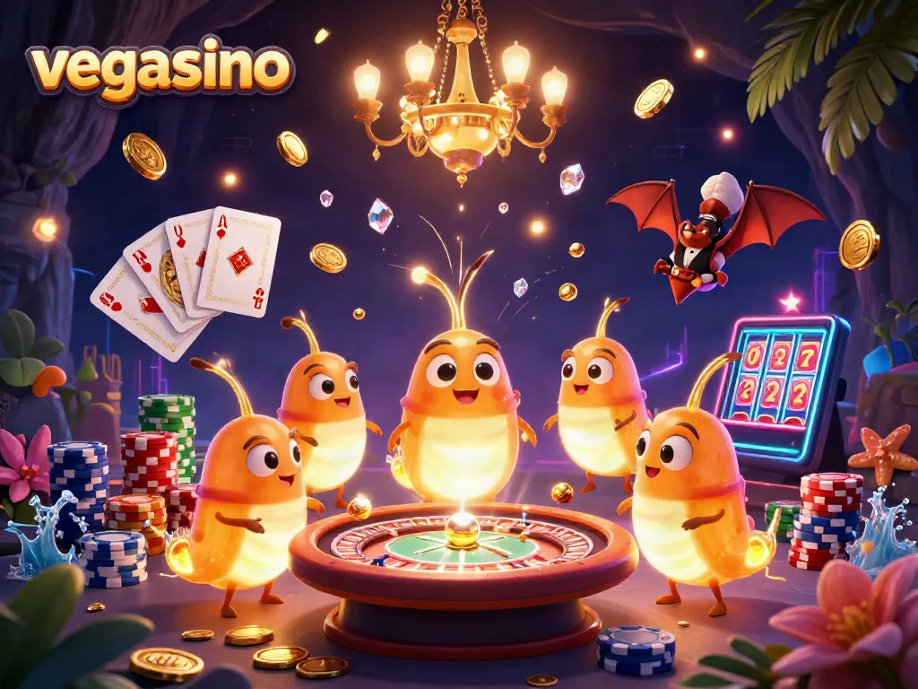 Engage in dynamic gameplay at vegasino, illuminated by glowworms in a vibrant cave casino setting.