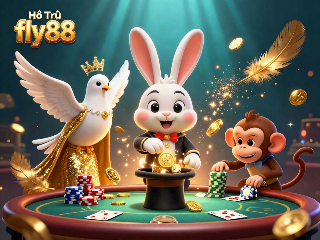 Engage with Hỗ Trợ fly88 in a magical casino scene filled with cards and gold coins.