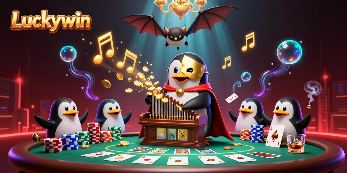 Experience Luckywin with a vibrant 3D casino scene featuring thrilling poker elements and a playful penguin.