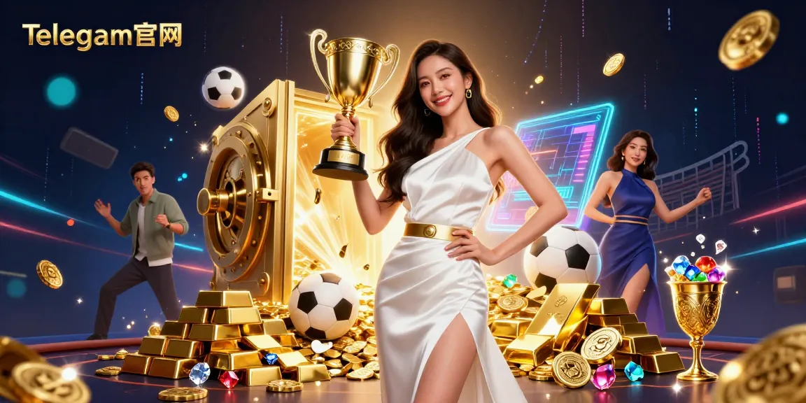 与Telegram官网一起投注精彩，由一位胜利的亚洲女性手持奖杯，周围环绕着耀眼的赌场元素。