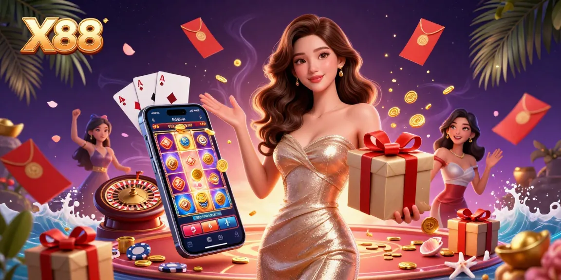 X88 players immerse in casino excitement, featuring an Asian woman celebrating with golden coins from a festive slot.