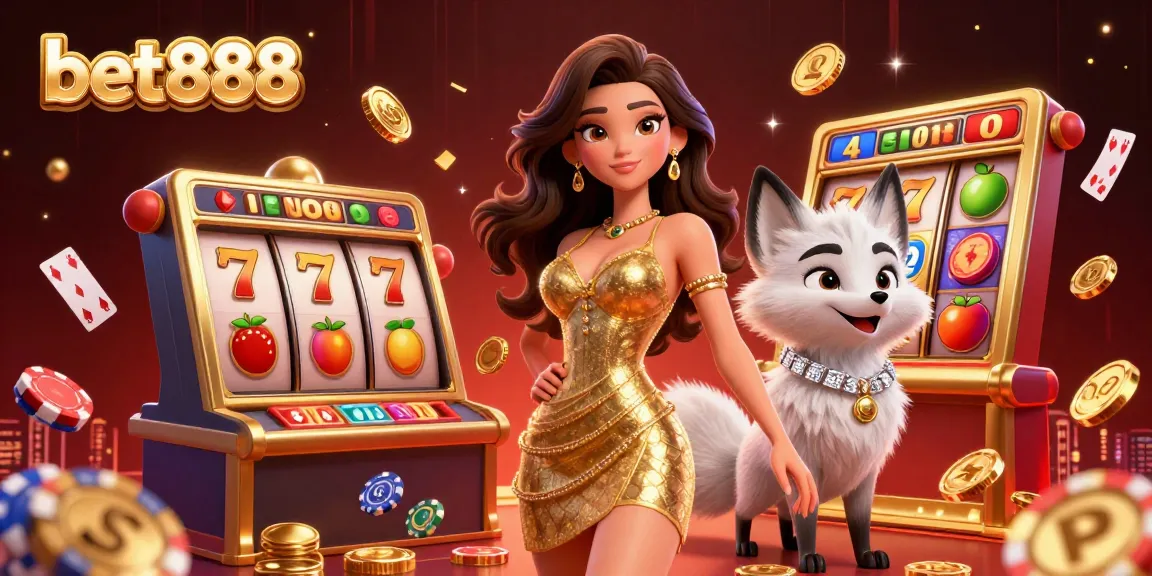 Spin to win with bet888 in a vibrant casino scene filled with gold coins and slot icons.