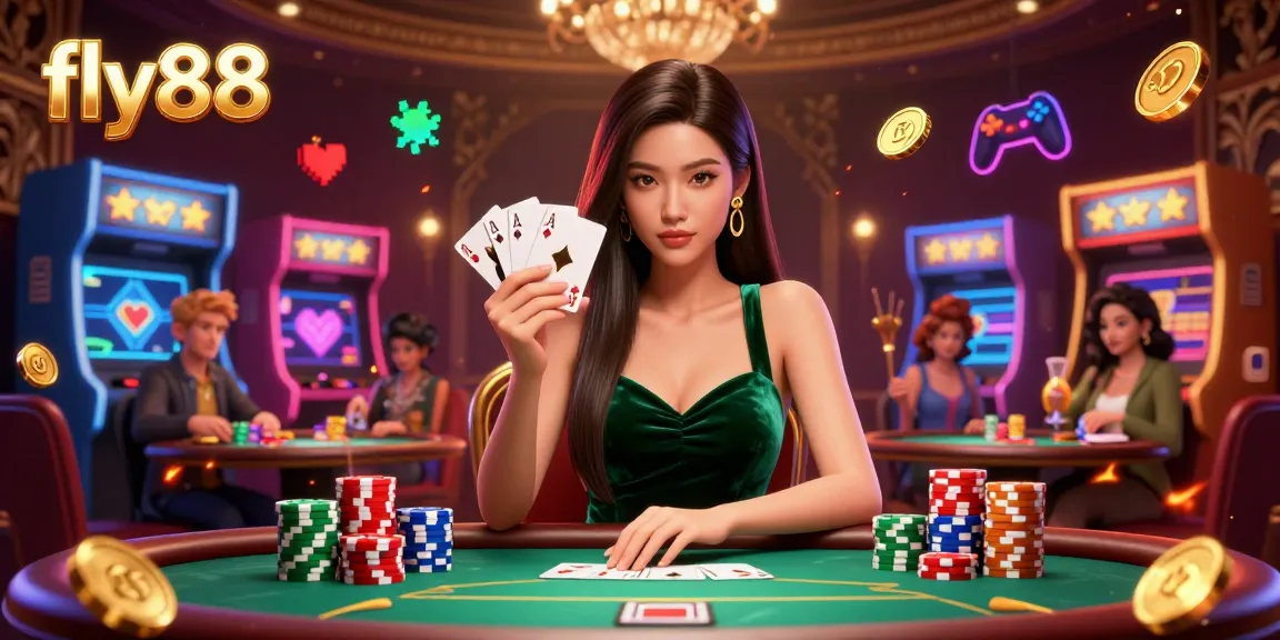 Watch fly88's beautiful Asian woman expertly play cards at an opulent casino table filled with game elements.