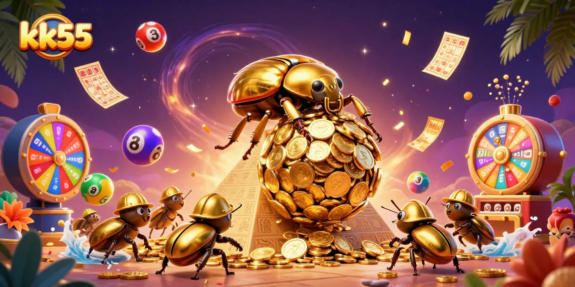 Play with kk55 and win big! Golden beetles and lottery balls in an exciting casino scene.