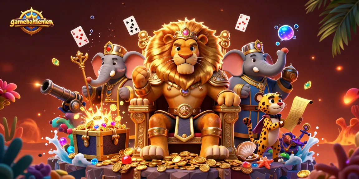 Experience gamebaitienlen excitement with intense gaming action featuring a royal lion on a treasure throne.