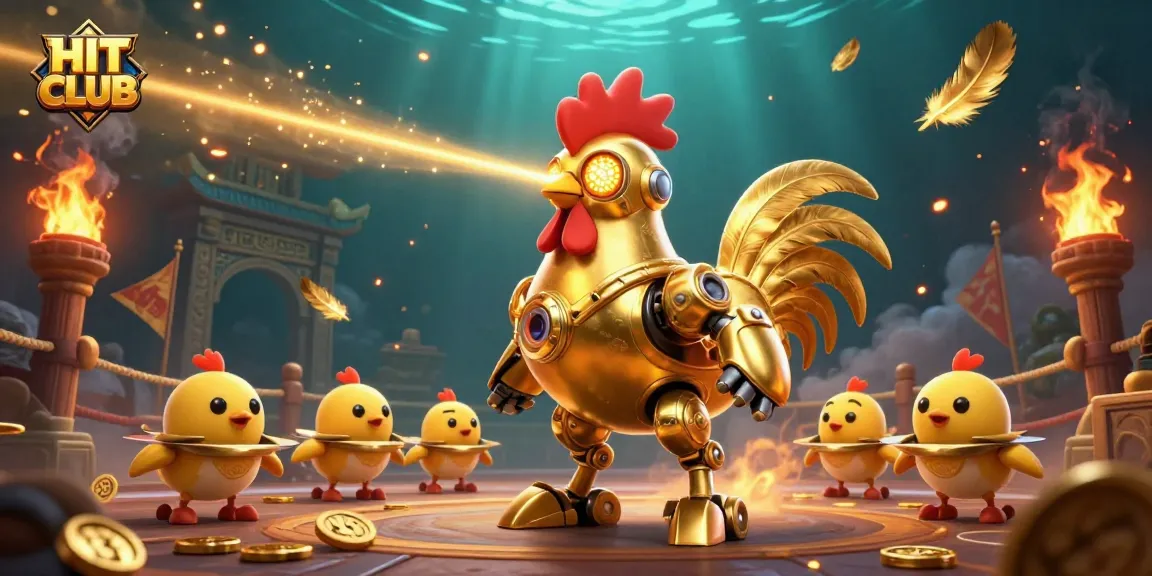 Experience thrilling gaming at HIT CLUB with a vibrant scene of golden rooster robots amid dynamic casino elements.
