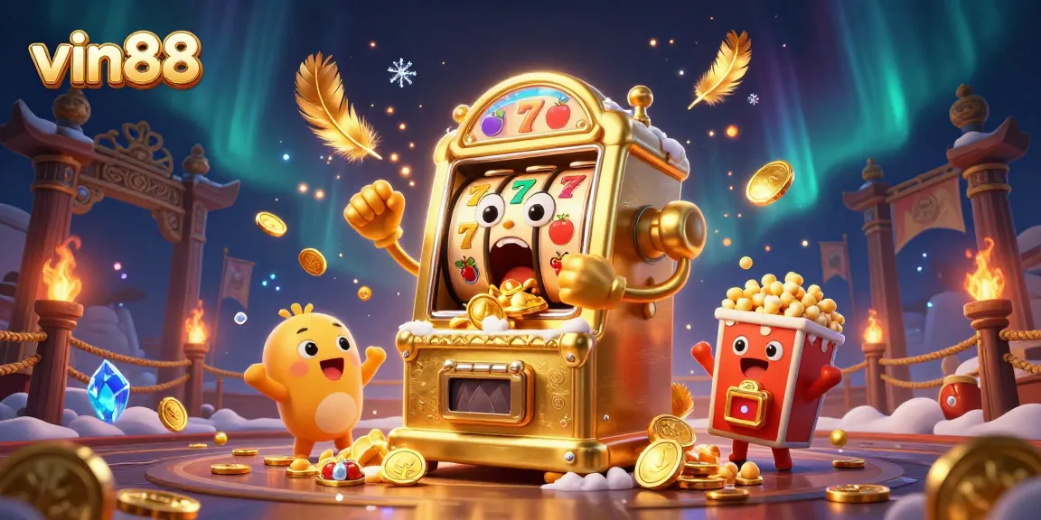 Experience exhilarating wins with vin88's golden slots in this vibrant 3D illustration.