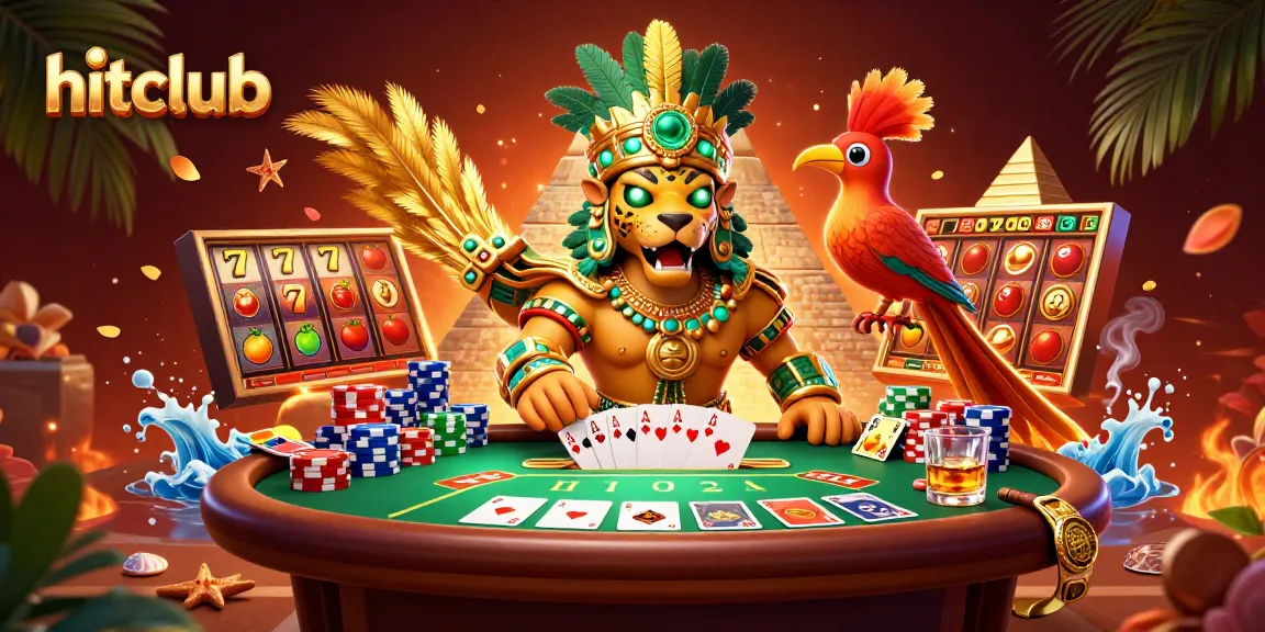 Experience excitement at hitclub with vibrant slot reels, poker chips, and a thrilling jackpot quest.