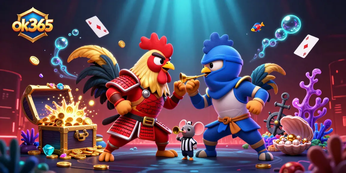Engage with ok365 in thrilling casino games featuring dramatic fighting roosters and vibrant treasures.