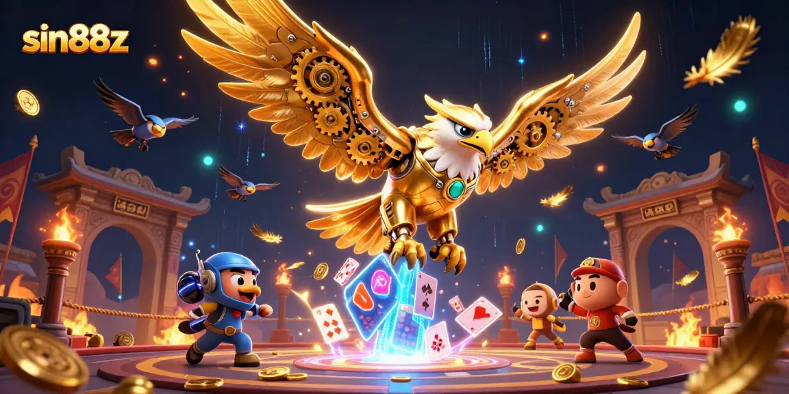 Experience thrilling gameplay with sin88z as a cybernetic eagle soars through holographic cards.