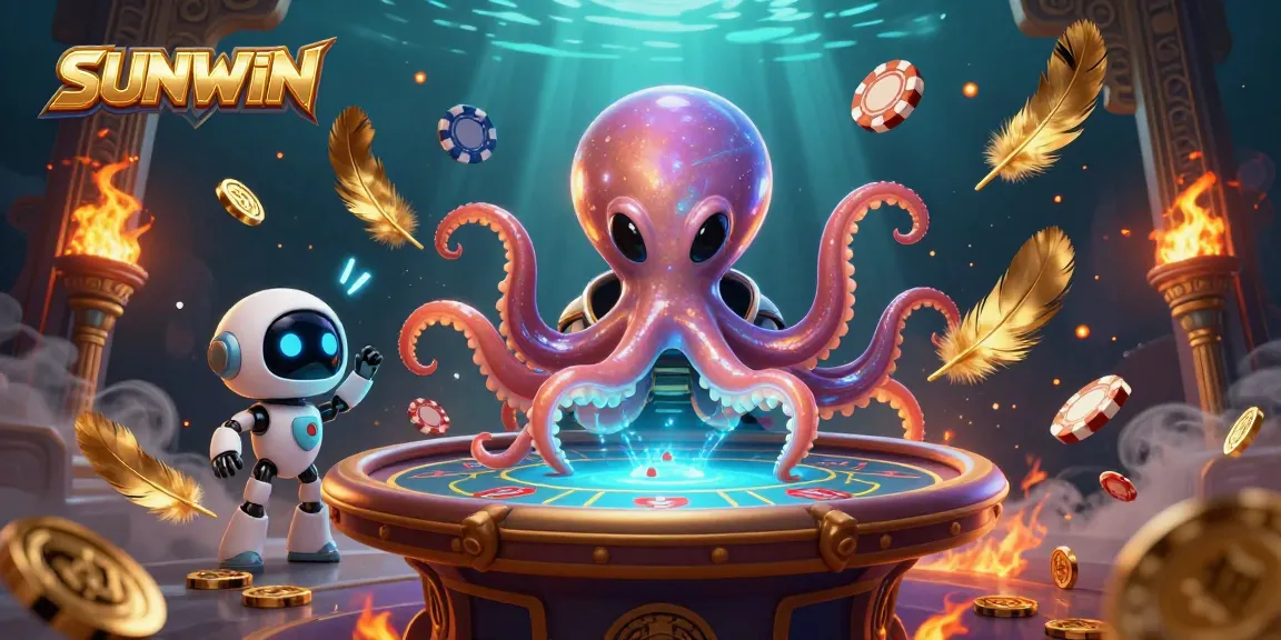 SUNWIN alien octopus showcasing a thrilling poker game amidst gold coins and vibrant casino elements.
