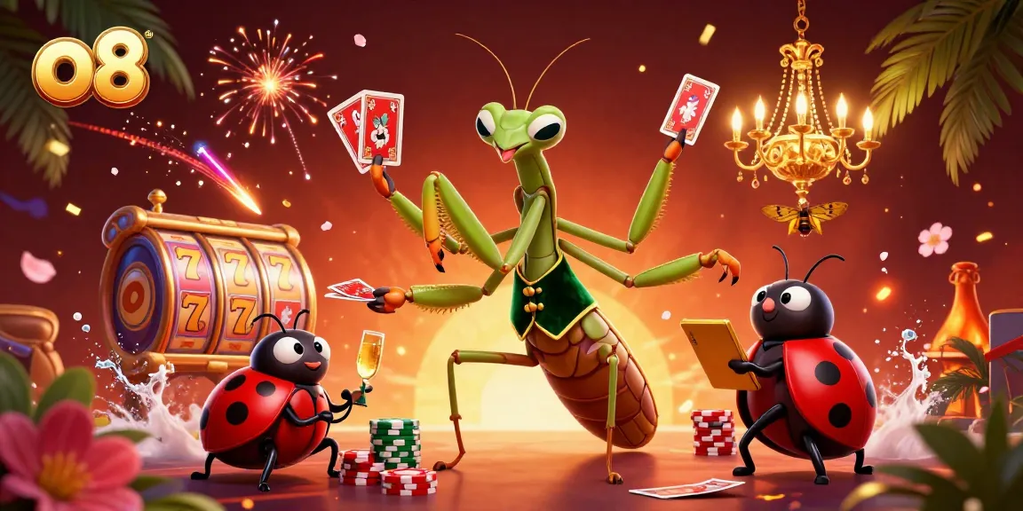 Experience thrilling slots with o8 as a giant mantis deals cards while celebrating wins.