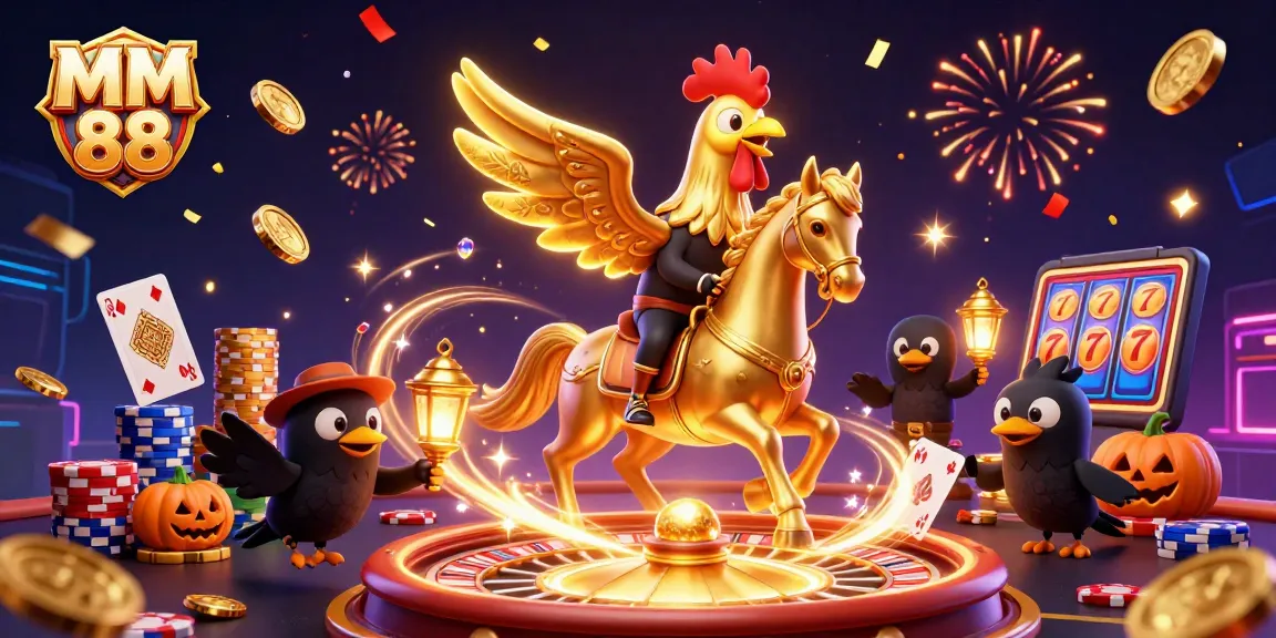 Experience dynamic gaming at MM 88 with golden rooster characters amidst a dazzling casino scene.