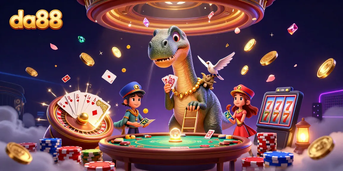 da88 showcases a vibrant casino scene with a towering dinosaur and dynamic game elements.