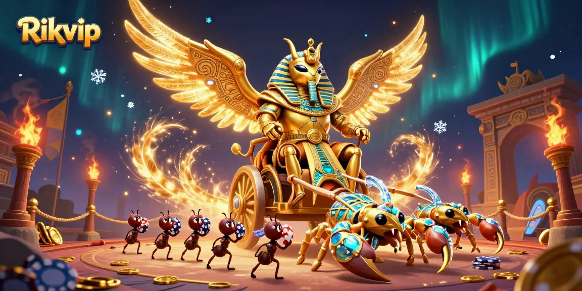 Experience thrilling gameplay with Rikvip, featuring a majestic scarab beetle and intricate casino elements.