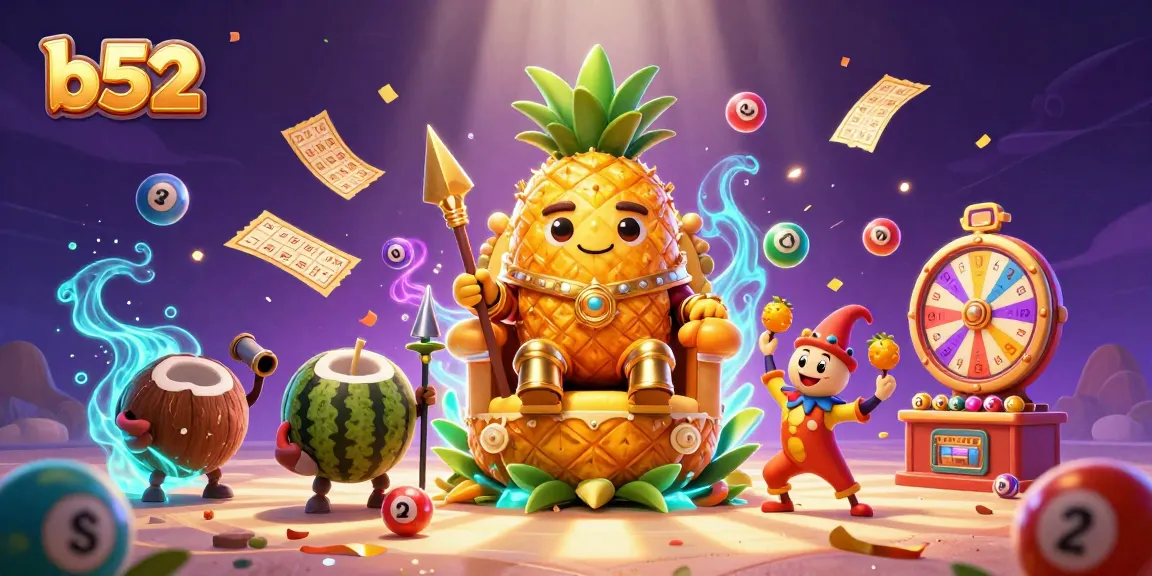 Experience vibrant b52 casino action with golden characters and dynamic lottery elements.