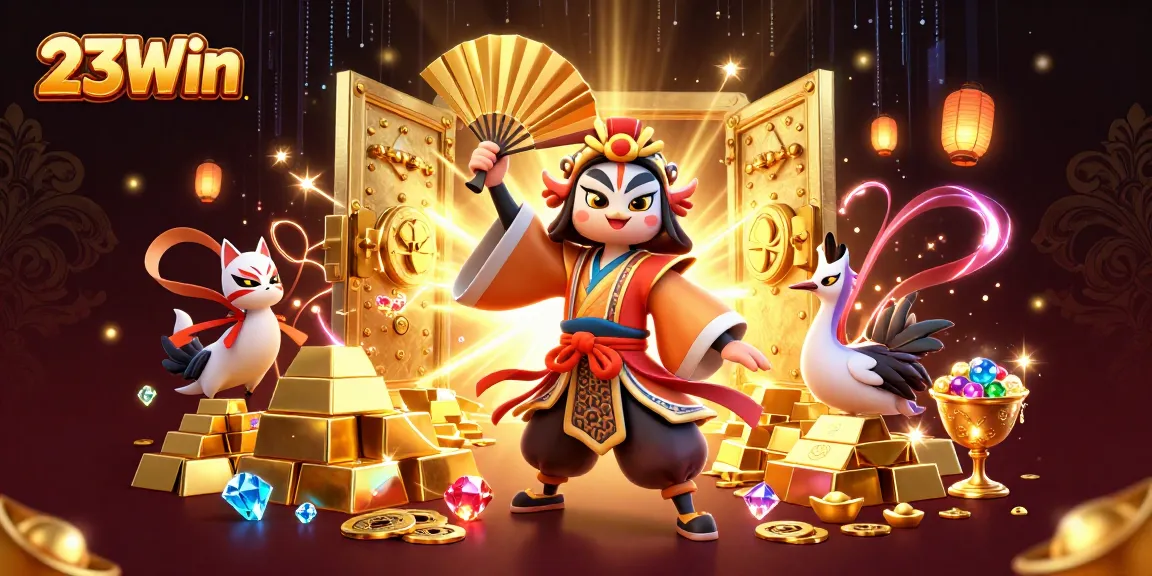 Experience thrilling gameplay at 23Win with a vibrant casino scene filled with treasures and characters.
