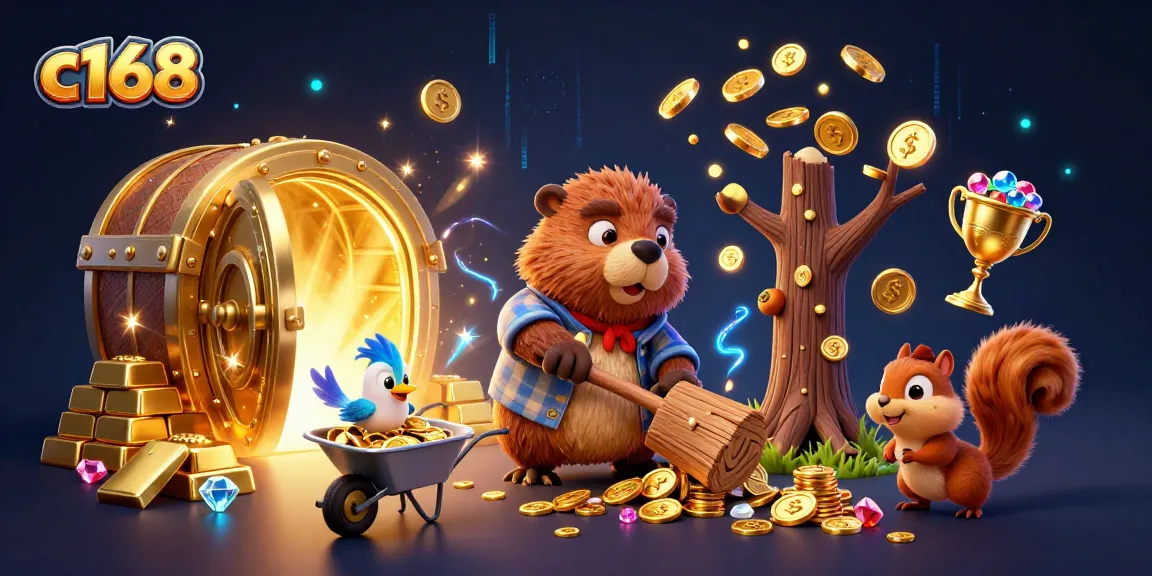 Engage with c168's thrilling gaming adventure featuring a beaver and friends collecting golden coins in a vibrant casino.