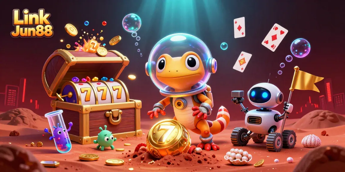 Engage in thrilling gaming at Link Jun88, featuring vibrant Martian slot action in a fantastical casino.