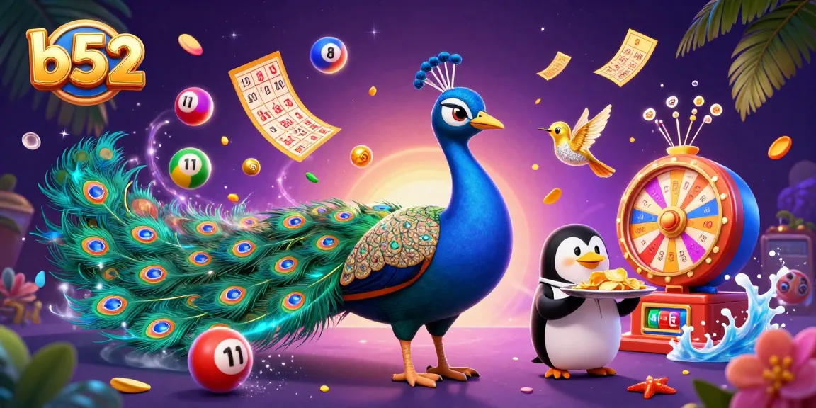 Experience b52 casino excitement with a peacock, penguin, and hummingbird amidst vibrant gaming elements.