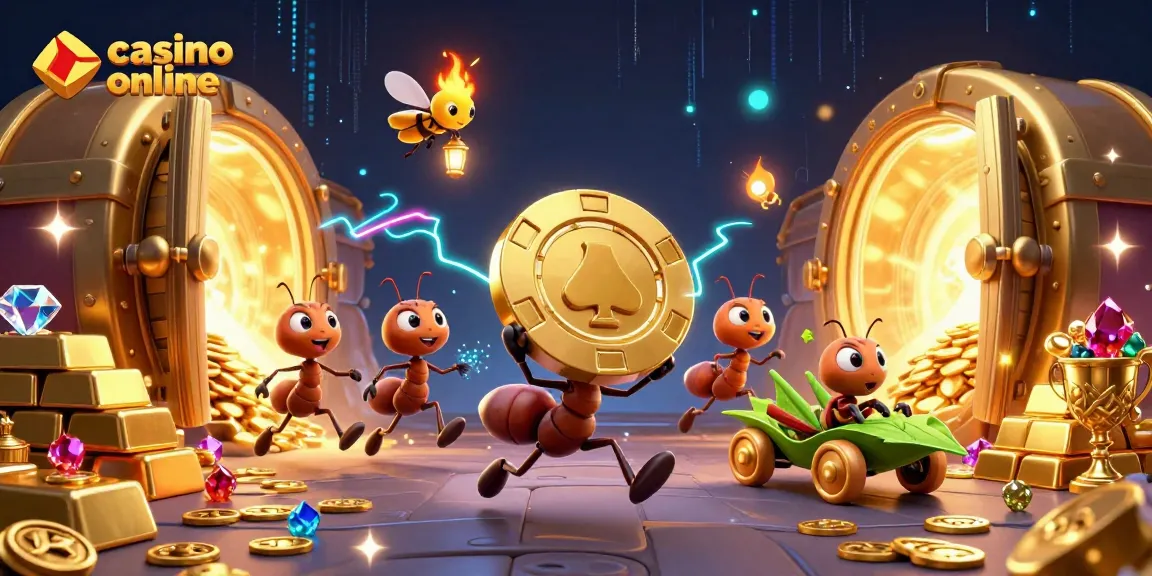 Experience the thrill of casino online with cartoon ants in a heist scene and golden treasures.