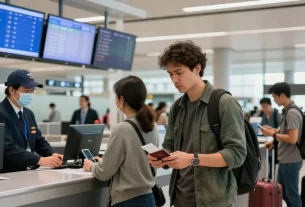 Festnahme am Flughafen verhindern: Reisender zeigt Besorgnis am Check-in.
