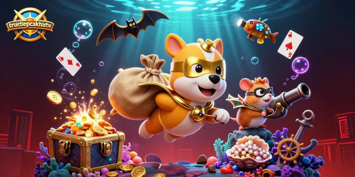 Watch the 3D superhero dog from tructiepcakhiatv flying with gold coins among vibrant underwater elements.