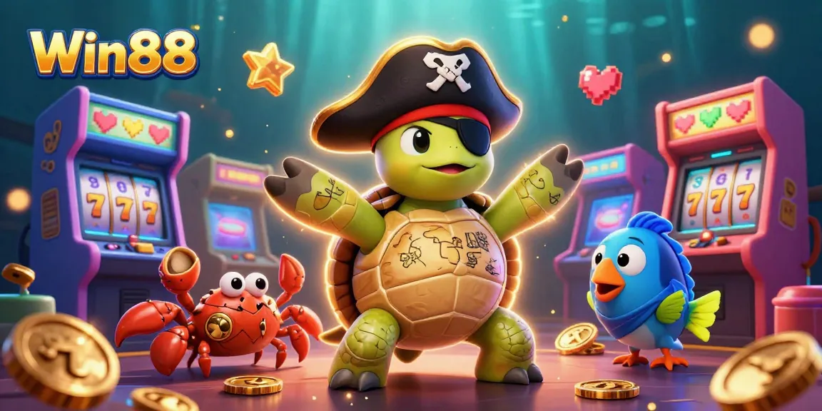 Win88 brings excitement with a 3D turtle pirate and friends surrounded by vibrant casino games and treasures.