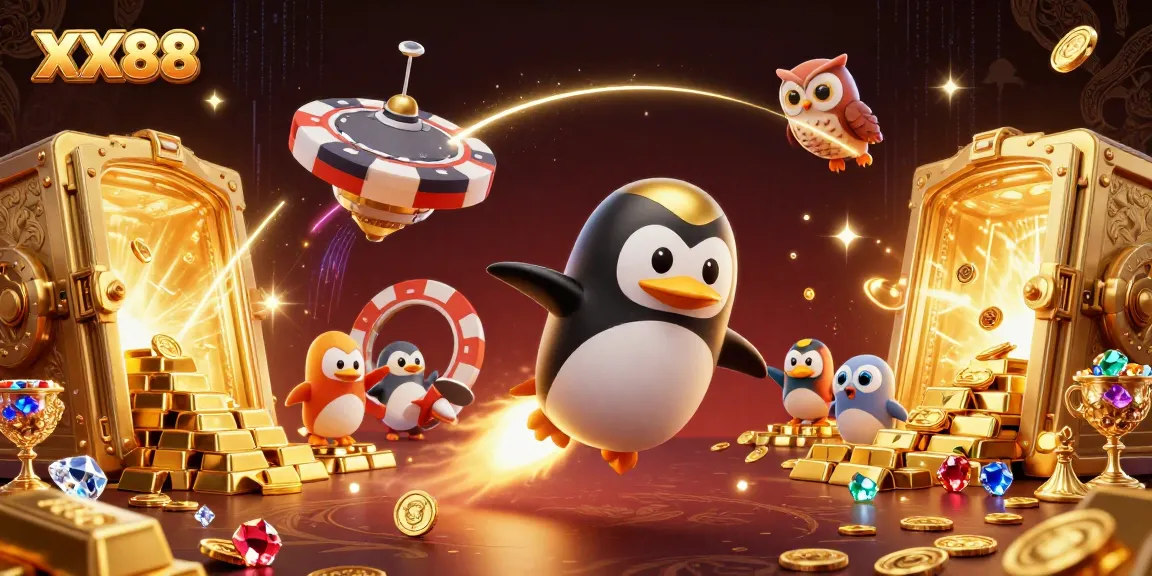 Bet on XX88 with a vibrant 3D cartoon scene of a penguin racing towards a poker chip casino.