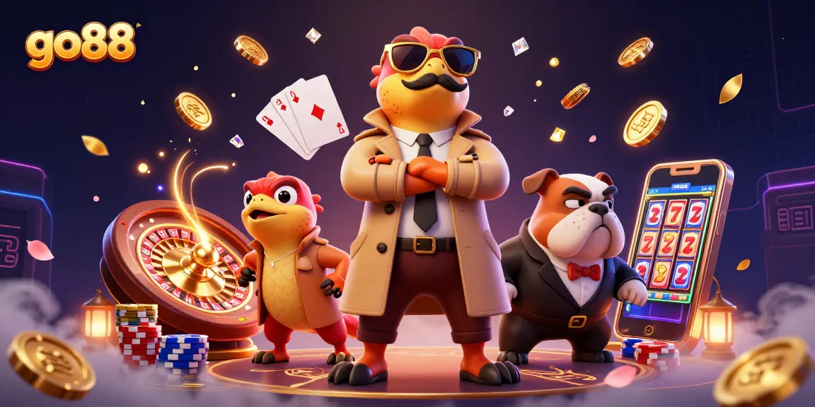Experience the excitement of go88 with raptors in a trench coat sneaking into a vibrant casino.