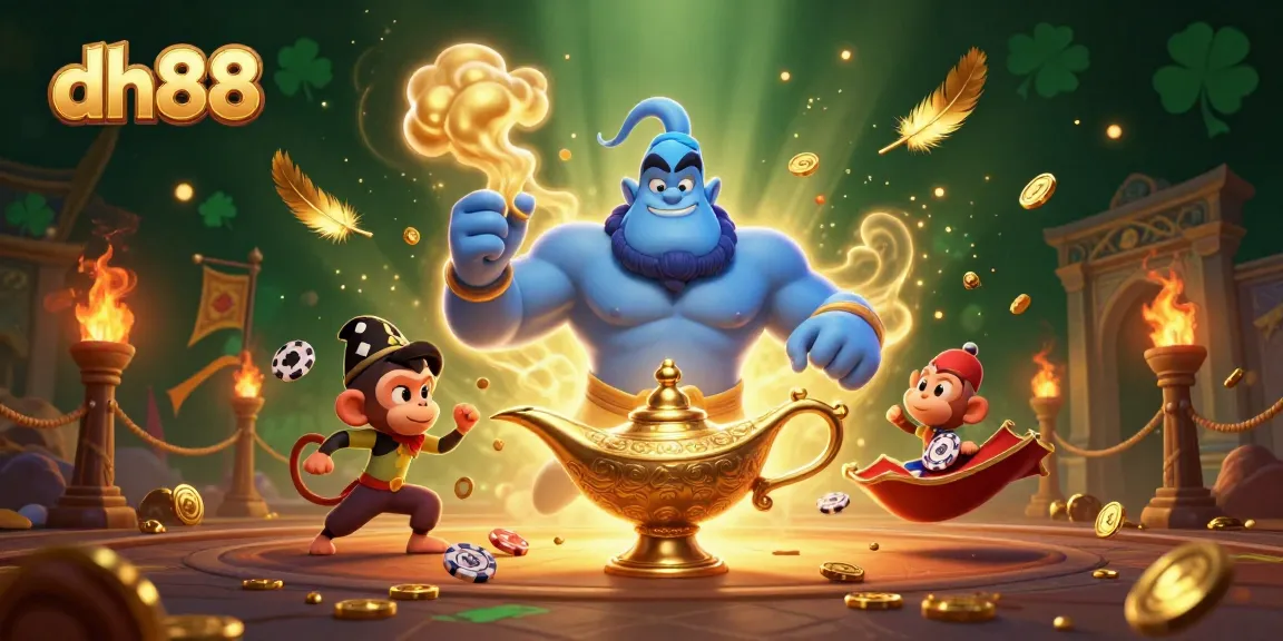 dh88 offers vibrant casino experiences with a genie, monkey, and poker chips in a magical atmosphere