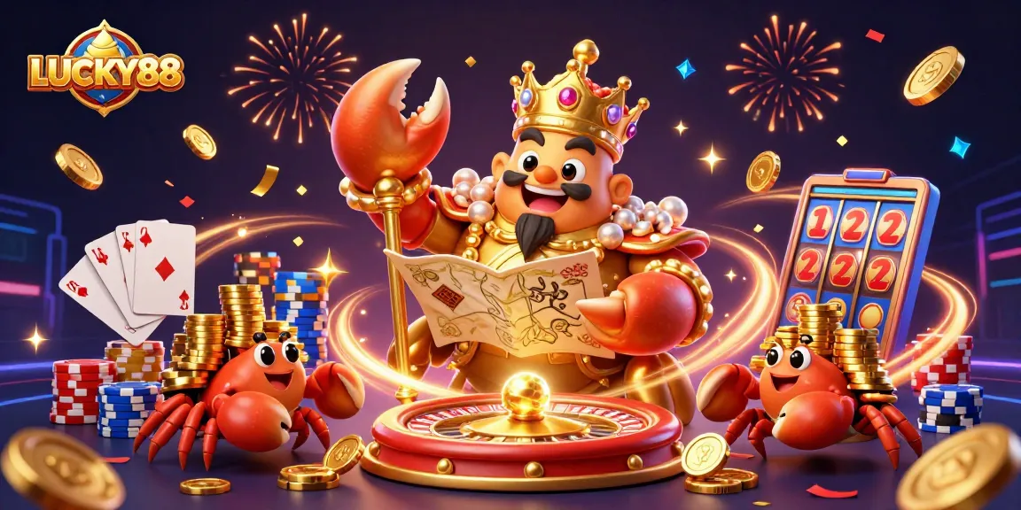 LUCKY88 engages in thrilling casino action with a stunning cartoon crab emperor, roulette wheel, and slot machine.