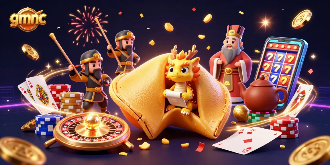 Play the gmnc way, exploring a vibrant casino scene with golden fortune cookie, dragon, and treasures.