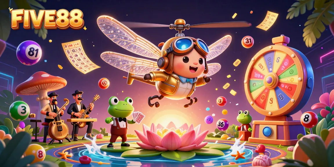 Witness the excitement at FIVE88 with a vibrant casino scene, featuring a dragonfly helicopter pilot and frog croupier in action.