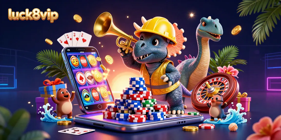 Luck8vip celebrates gaming excellence with vibrant 3D characters building poker chip pyramids in a dynamic casino scene