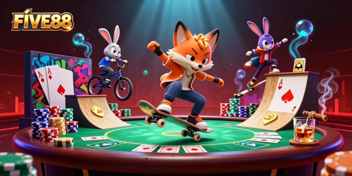 Engage with FIVE88: a vibrant 3D scene featuring a playful skateboarder fox over poker chips.