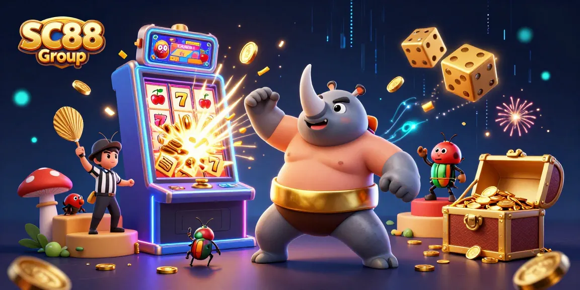 Witness the SC88 Group's unique 3D illustration of a dynamic casino scene featuring a rhinoceros beetle champion.