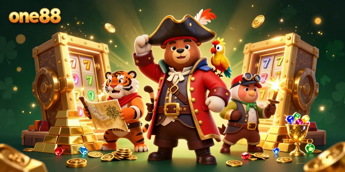 Experience the excitement of one88 with vibrant casino games through a dynamic pirate-themed scene.