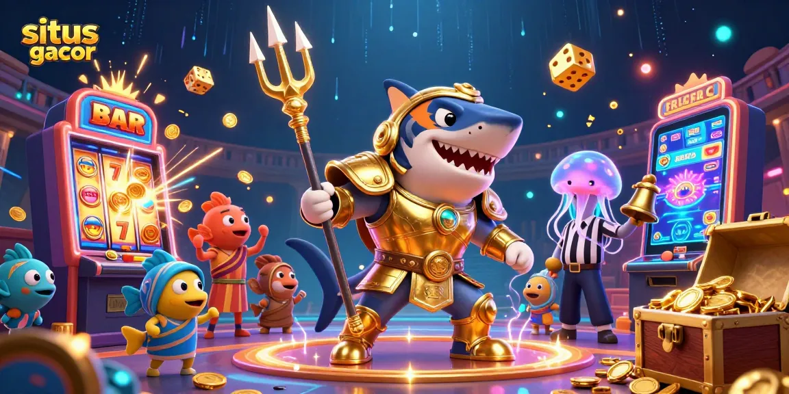 Experience thrilling wins at situs slot gacor with a vibrant scene of a tiger shark and jackpot excitement.