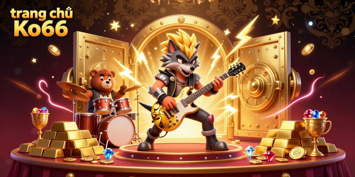 Experience the thrill on trang chủ Ko66 with vibrant casino action featuring a rock star wolf and treasures.