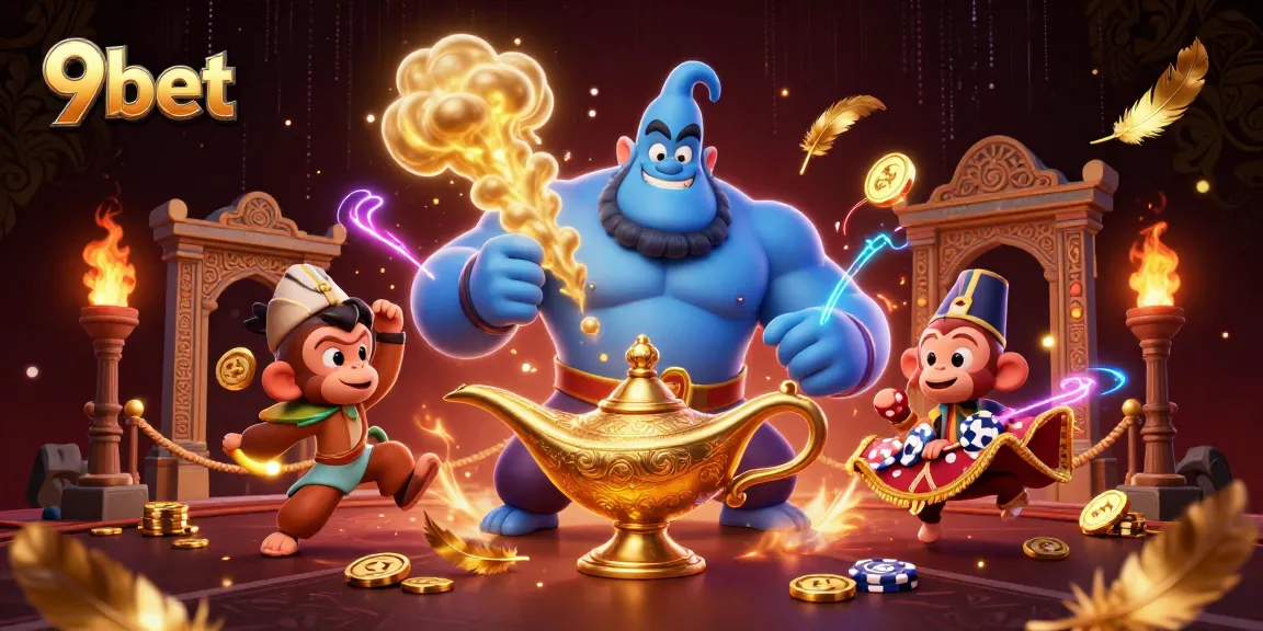 Experience the excitement of 9bet with a vibrant 3D casino scene featuring a genie and a magic carpet.