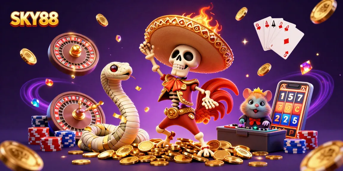 Experience the thrill of SKY88 with a vibrant casino scene featuring animated characters celebrating winnings.