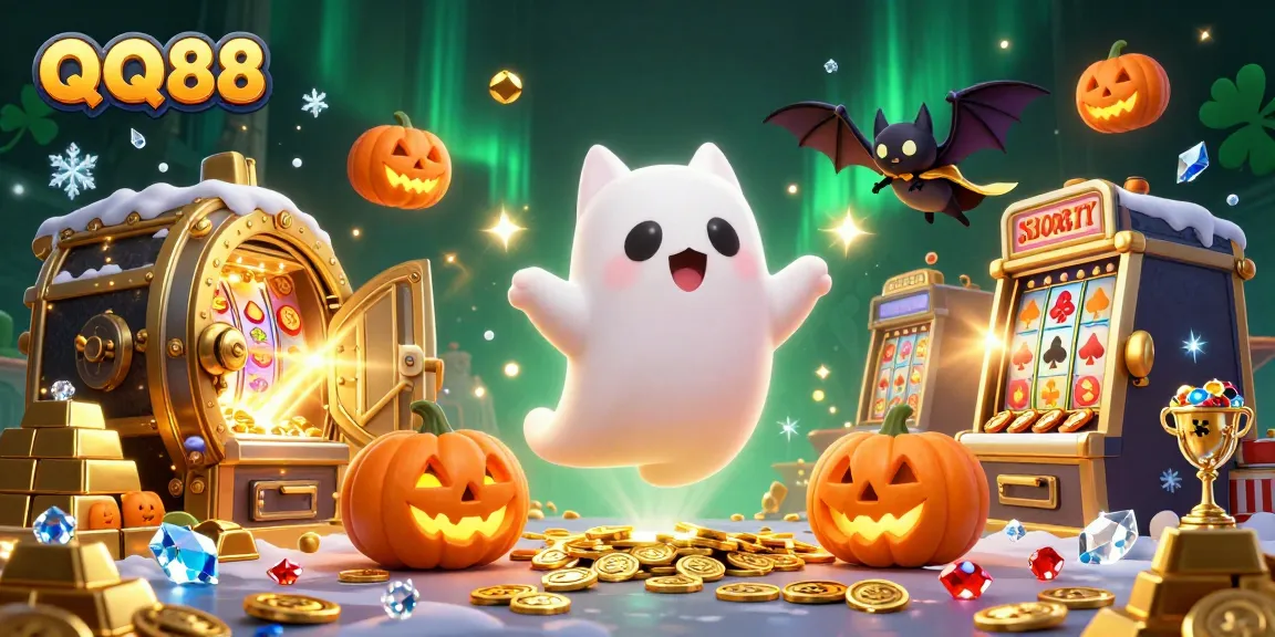 QQ88 ghost cat explores a haunted casino filled with wealth and glowing treasures for a thrilling adventure