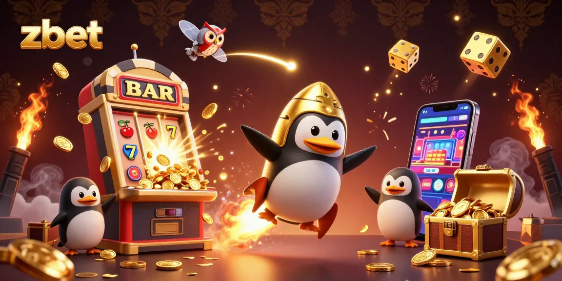 Zbet offers a vibrant experience with a vibrant slot machine bursting coins and a golden penguin in space.