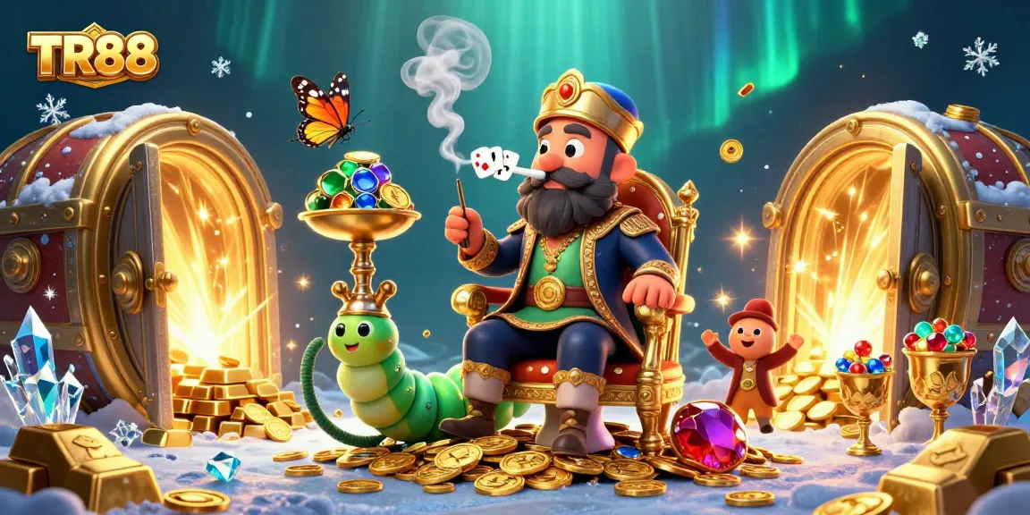 Experience the excitement of TR88 with a colorful depiction of casino games surrounded by treasures and enchanting characters.